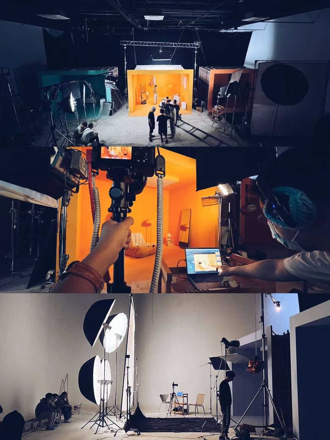 Behind the scenes of large-scale commercial production with styled orange set and film crew by Una Zhu